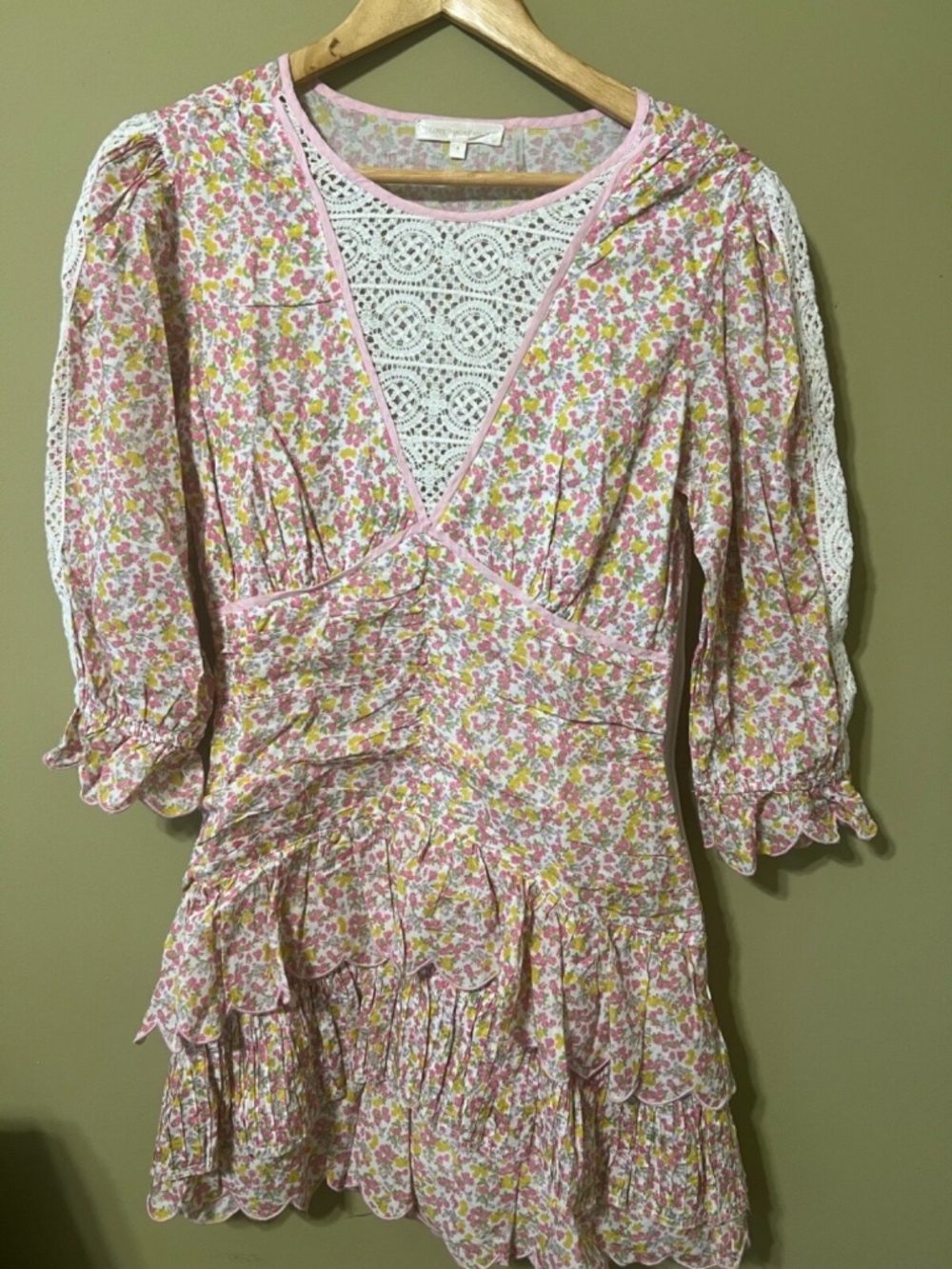 LoveShackFancy Tiered Floral Dress Size 4 Long Sleeve and Front Cut Out